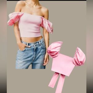 Zara Bubble Gum Pink Knit Crop Top M Women Puff Sleeve Streetwear Fairy Coquette